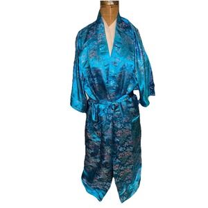 Vintage‎ longevity Silk Robe Kimono Wrap Blue Teal Cheongsam Floral XL